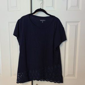 Loft Navy blue t-shirt with scalloped lace on bottom